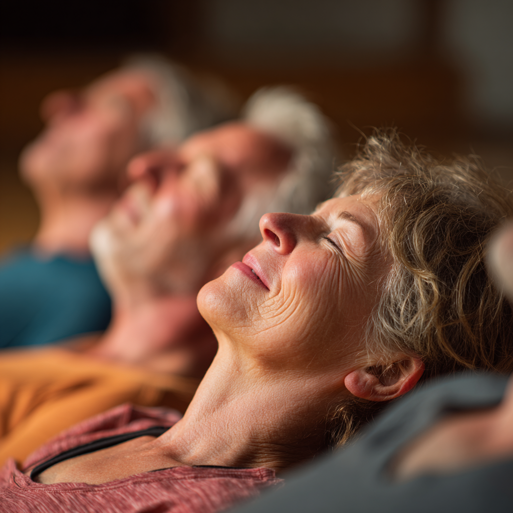 Mosolygós magyar felnőttek különböző életkorban reggeli jóga gyakorlás közben természetes fényben