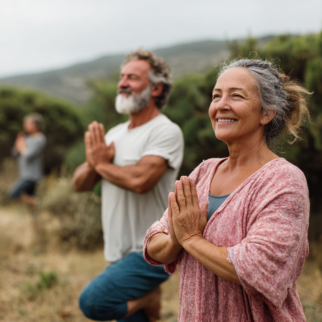 Magyar felnőttek különböző korcsoportokból erdei környezetben jóga flow gyakorlatok során mosolyognak
